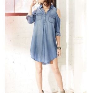 New Billy T Chambray Blue Denim Jean Shirt Dress Cold‎ Shoulder Lightweight